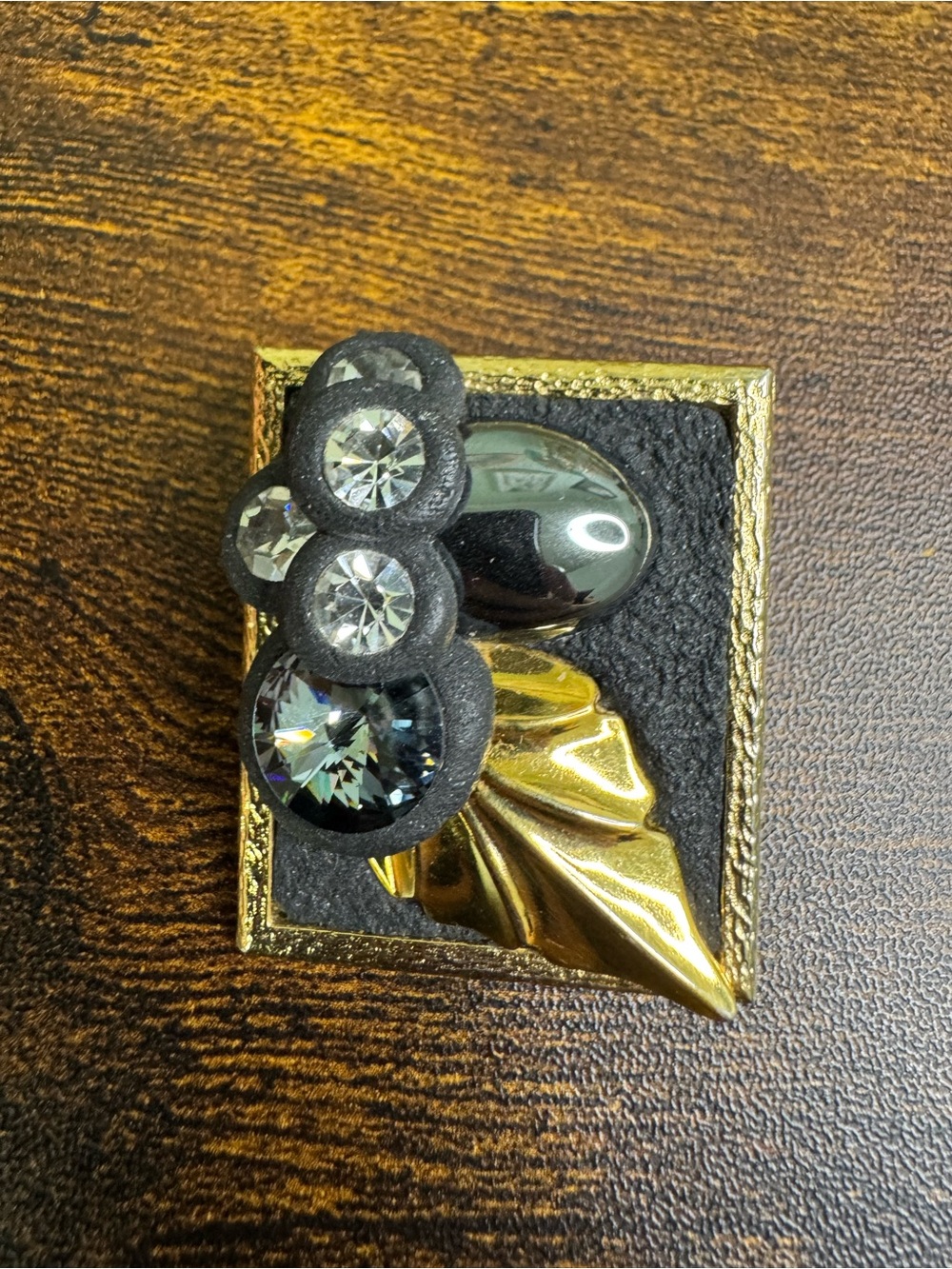 Hand Crafted Black Crystal and Gold Leaf Brooch - Art Deco Modernist 80’s